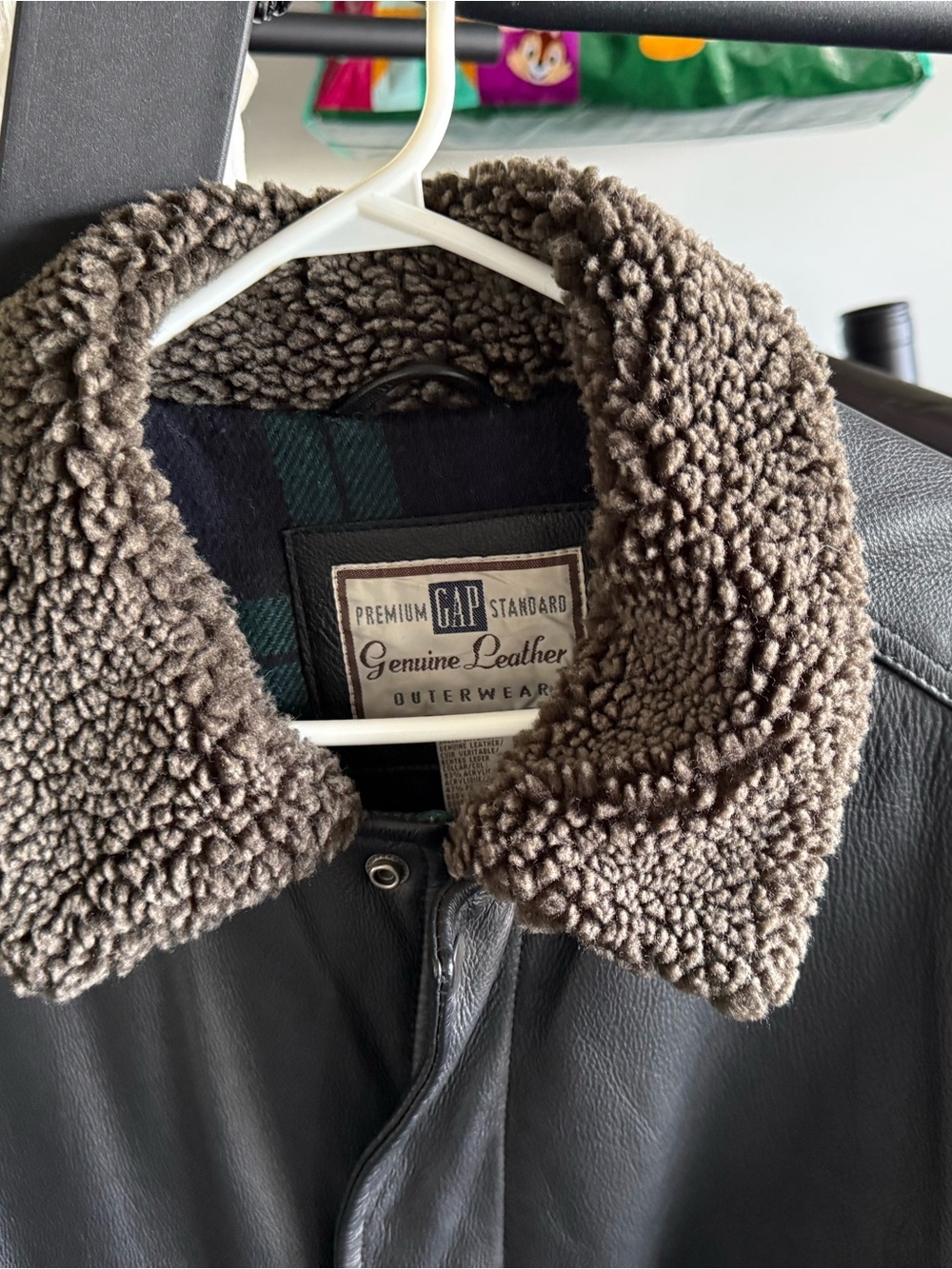 GAP Black Leather Field Jacket with Brown Sherpa Collar - Picture 3 of 3
